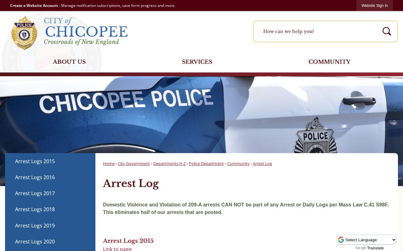 Chicopee Police weekly arrest record index in Hampden County