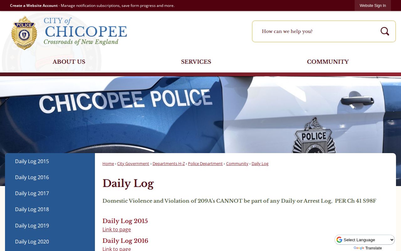 Chicopee Police daily event log records in Hampden County