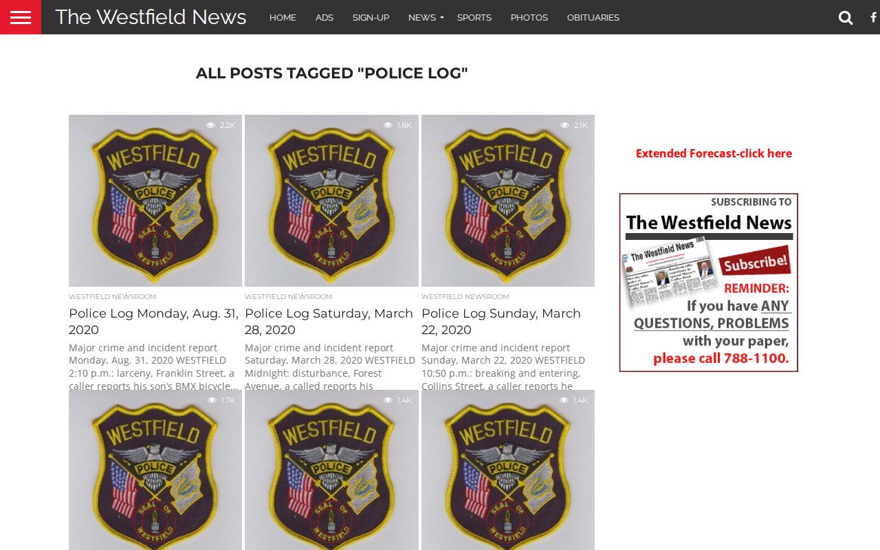 Westfield News police log arrest records for Hampden County